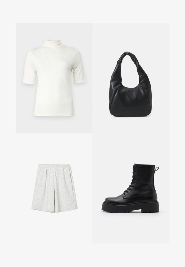Biała bluzka z krótkim rękawem, z wysokim kołnierzem i dekoltem w szpic. Wykonana z gładkiego materiału o prostym, minimalistycznym wzorze.; Jasnoszare szorty sportowe wykonane z miękkiego materiału, z elastycznym pasem, luźnym krojem i subtelną teksturą. Brak widocznych wzorów czy akcentów.; Czarne skórzane botki za kostkę z okrągłym noskiem, sznurówką z przodu i grubą gumową podeszwą z teksturowanym bieżnikiem. Pętelka do zakładania z tyłu.; Czarna torba hobo wykonana z gładkiego, skóropodobnego materiału z twisted uchwytem, o miękkim, zaokrąglonym kształcie i górnym zapięciem na zamek.; Złote kolczyki w kształcie kółek o gładkim, błyszczącym wykończeniu. Okrągły design z małym klipsem i przezroczystym zapięciem zapewniającym bezpieczne noszenie.