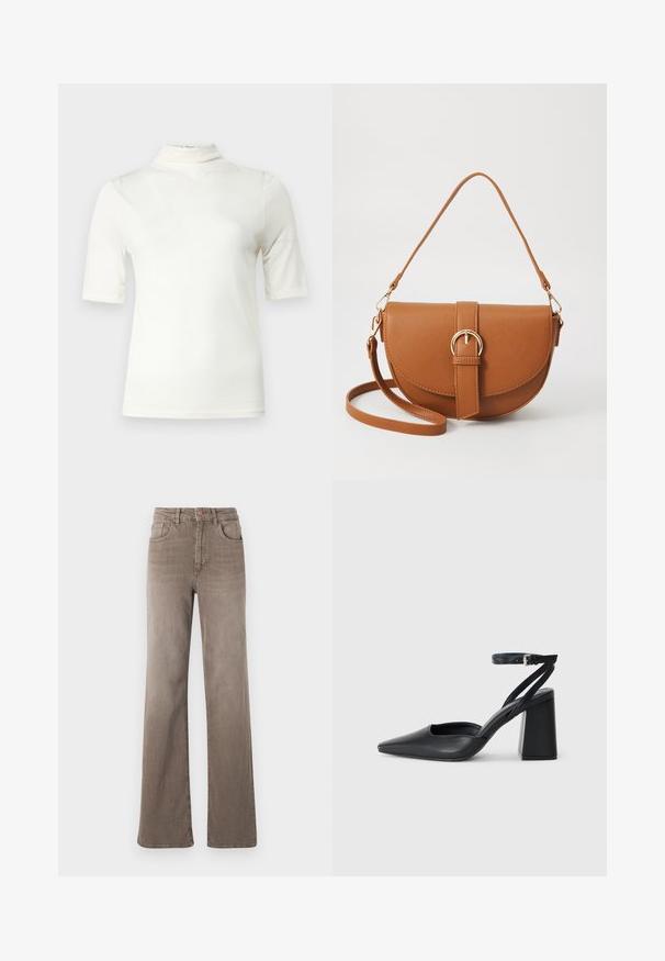 Hvit, kortermet topp med høy krage og v-halsdetalj. Laget av glatt stoff med et enkelt, minimalistisk design.; Brune høy midje rette jeans med frontknapp, beltesløyfer og klassisk fem-lomme design på hvit bakgrunn.; Svart lær pumps med spiss tå, ankelrem og kraftig hæl. Flat tekstur, strømlinjeformet design og minimalisme.; Brun lærcrossbody-veske med en buet form, gullhardware og et spenneakcent. Har en avtakbar skulderreim.