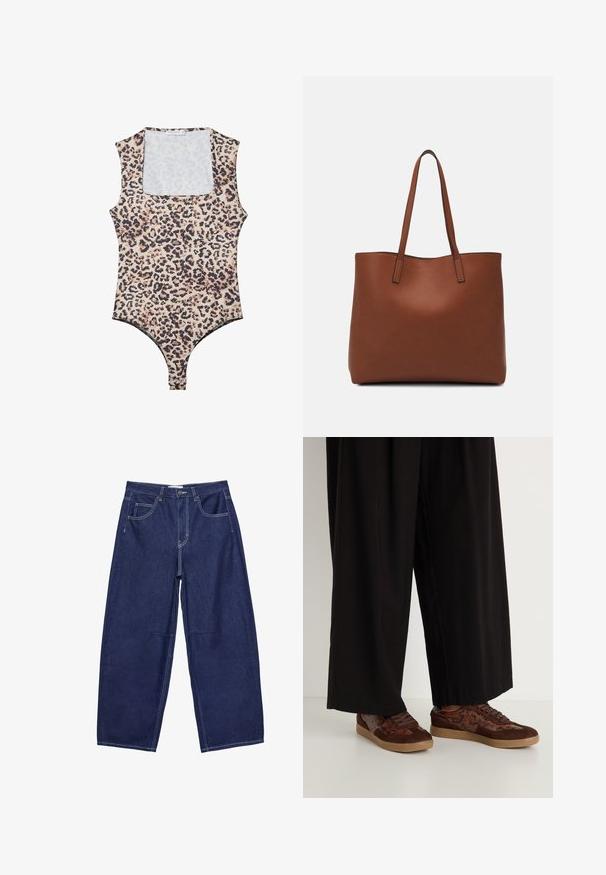 Bodysuit kuosi leopard dengan leher bulat, tanpa lengan, fabric lembut, dan penutupan snap di bagian bawah. Palet warna termasuk beige dan hitam.; Tummansiniset farkkuisot, joissa on leveät lahkeet ja korkea vyötärö, viisi taskua sekä kontrastivalkoinen ompelu. Suora pinta, klassinen muotoilu.; Ruskeat urheilukengät, joissa on sekoitettu materiaalisuunnittelu, mukana samettia ja käärmeennahkakuviota. Pyöreä kärki, nauhakiinnitys ja teksturoidut kumipohjat.; Ruskea nahkainen olkalaukku, jossa on sileä pinta, avoin yläosa ja kaksi olkahihnaa. Omaavat vain minimaalisen ompelun eikä näkyvää metalliosaa.