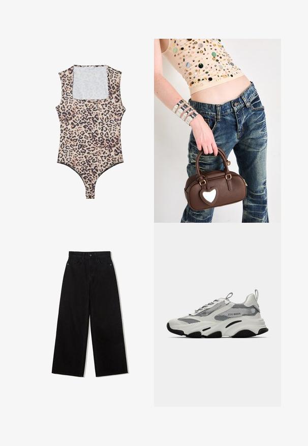 Leotard mit Leopardenmuster, Rundhalsausschnitt, ärmelloses Design, weichem Stoff und Druckknopfverschluss im Schritt. Farbpalette umfasst Beige und Schwarz.; Schwarze, weit geschnittene Jeans aus Denim mit hoher Taille, die ein Fünf-Taschen-Design und einen einzelnen Knopfverschluss vorne aufweist.; Weiße Sportsneakers mit Mesh-Elementen, grauen Akzenten und schwarzen Gummisohlen. Verfügt über Schnürsenkel, eine Zuglasche und Markenkennzeichnung.; Braune Ledertasche mit herzförmigem Akzent, abgerundetem Design, goldenen Beschlägen, gehalten von einer Hand; kombiniert mit verwaschenem Denim und einem bestickten Top.
