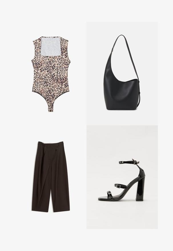Leopardprint bodysuit met een ronde hals, mouwloos ontwerp, zachte stof en drukknoopsluiting onderaan. Kleurenpalet bestaat uit beige en zwart.; Donkere bruin wijde broek met een hoge taille, voorzien van een enkele knoopsluiting en een geplooide voorkant. Gemaakt van lichtgewicht stof.; Zwarte gepatenteerde sandalen met hak en een vierkante neus, enkelbandjes en zilveren gespen. Heeft een stevige blokhak voor stabiliteit.; Zwarte leren hobo tas met een gladde textuur, kromme vorm en een enkele verstelbare schouderband; heeft een brede opening aan de bovenkant.