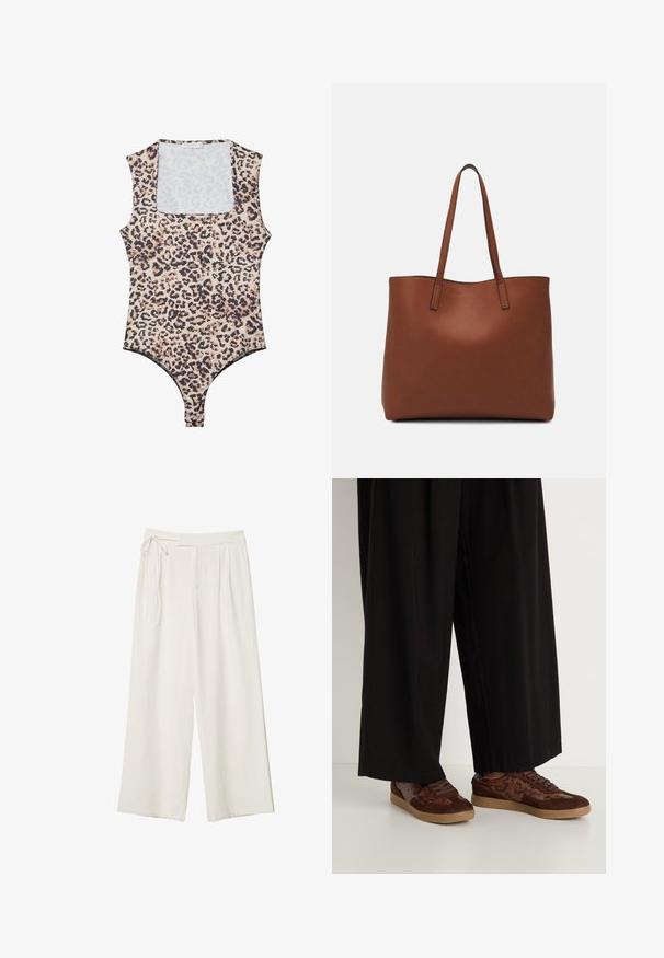 Bodysuit kuosi leopard dengan leher bulat, tanpa lengan, fabric lembut, dan penutupan snap di bagian bawah. Palet warna termasuk beige dan hitam.; Lepuh lebar dengan kain putih krem yang halus. Memiliki pinggang yang diikat dan bagian depan berlipit, dirancang untuk potongan yang santai.; Ruskeat urheilukengät, joissa on sekoitettu materiaalisuunnittelu, mukana samettia ja käärmeennahkakuviota. Pyöreä kärki, nauhakiinnitys ja teksturoidut kumipohjat.; Ruskea nahkainen olkalaukku, jossa on sileä pinta, avoin yläosa ja kaksi olkahihnaa. Omaavat vain minimaalisen ompelun eikä näkyvää metalliosaa.