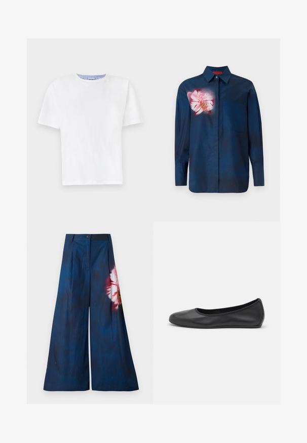 Tricou alb din bumbac, cu guler la baza gatului. Are manșete scurte și un detaliu cu dungi albastre pe gulerul interior. Textură moale, croială regulată.; Cămașă albastru marin cu un design floral în tonuri de roz pe pieptul stâng, având o guler cu nasturi și un singur buzunar în față.; Pantaloni cu croi larg din material navy închis, având un imprimeu floral în roz și galben pe o parte, cu închidere cu nasture la talie.; Balerini din piele neagră, cu vârf rotund, textură netedă, detalii de cusătură minimale și un design al tălpii flexibil.