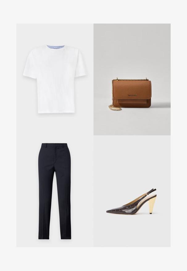 Hvit bomulls T-skjorte med rund hals. Har korte ermer og en blå stripete detalj på innsiden av halsen. Myk tekstur, vanlig passform.; Marinefargede skreddersydde bukser med rett snitt, med en glatt tekstur, to frontlommer og en ren linning.; Spenne-punktet hæl i mørkebrun, blank faux krokodillelær. Har en gullfarge geometrisk hæl og justerbar ankelstropp.; Brun teksturert lær crossover-veske med gullkjede-stropp og klaffelukking. Fronten har logo-detalj og en lomme under klaffen.