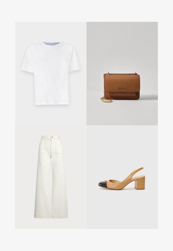 Bijela pamučna majica s okruglim izrezom. Ima kratke rukave i plavu prugastu dekoraciju na unutarnjoj strani izreza. Mekana tekstura, standardni kroj.; Široke traperice u boji krem-paleža. Visoki struk s kopčanjem na dugme, dva prednja džepa i kontrastni šavovi.; Bež kožne sandale s crnim okruglim prstom, kvadratnom petom i dekorativnim zlatnim detaljem sprijeda. Glatka tekstura cijelom površinom.; Smeđa kožna torba preko tijela s teksturom, zlatnim lančićem i preklopom na zatvaranju. Na prednjoj strani nalazi se detalj s potpisom i džep ispod preklopa.
