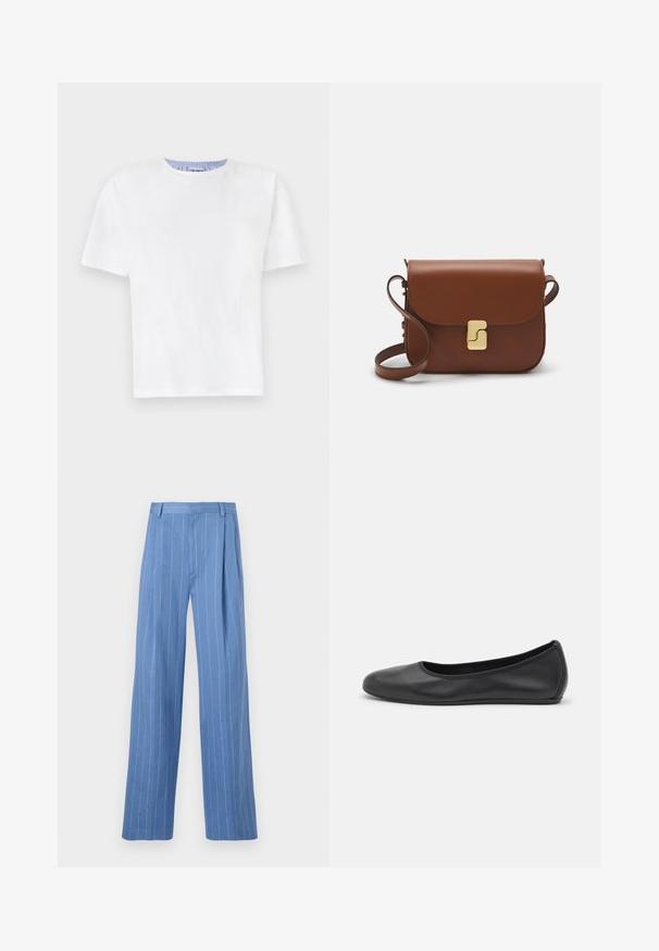 White cotton T-shirt with a crew neck. Features short sleeves and a blue striped detail on the inner neckline. Soft texture, regular fit.; Light blue wide-leg trousers with vertical white stripes. Made of smooth material, featuring a front pleat and a clean waistband design.; Black leather ballet flat with a rounded toe, smooth texture, minimal stitching detail, and a flexible sole design.; Brown leather handbag with a flap closure, gold-tone hardware, a shoulder strap, and a smooth texture. Compact rectangular shape.