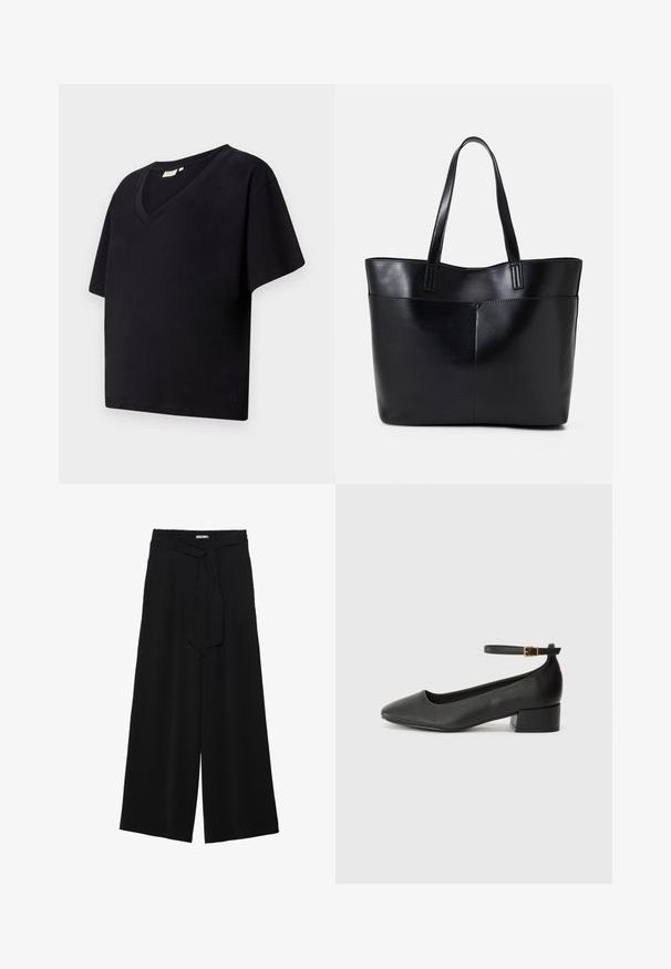 Tricou negru din bumbac cu decolteu în V, mâneci scurte și croială lejeră. Prezintă un mic logo al brandului aproape de tiv.; Pantaloni largi negri dintr-un material texturat, cu un tiv elastic și o panglică detașabilă la talie pentru un fit ajustabil.; Pantof cu toc negru din piele, cu vârf ascuțit și toc mic pătrat. Dispune de o curea la gleznă cu o cataramă în tonuri de aur. Textură netedă.; Geantă oversized din piele neagră, cu două mânere lungi, de textură netedă și formă structurată. Are un buzunar frontal pentru stocare suplimentară.