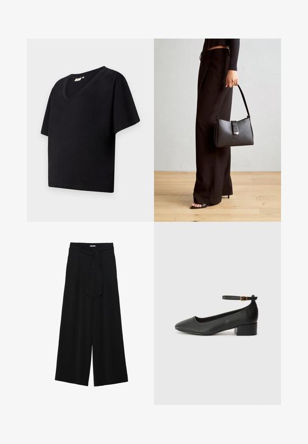 Svart bomulls T-skjorte med V-hals, korte ermer og løs passform. Har en liten merke-logo nær kanten.; Svart vide bukser med teksturert stoff, elastisk midje og avtagbart belte som gir justerbar passform.; Sorte skinnpumper med spiss tå og lav blokkhelt. Har ankelrem med gullfarget spenne. Glatt tekstur.; Svart håndveske med strukturert form, jevn tekstur og metallisk lås. Kombinert med brede svarte bukser og sandaler med åpen tå på tregulv.
