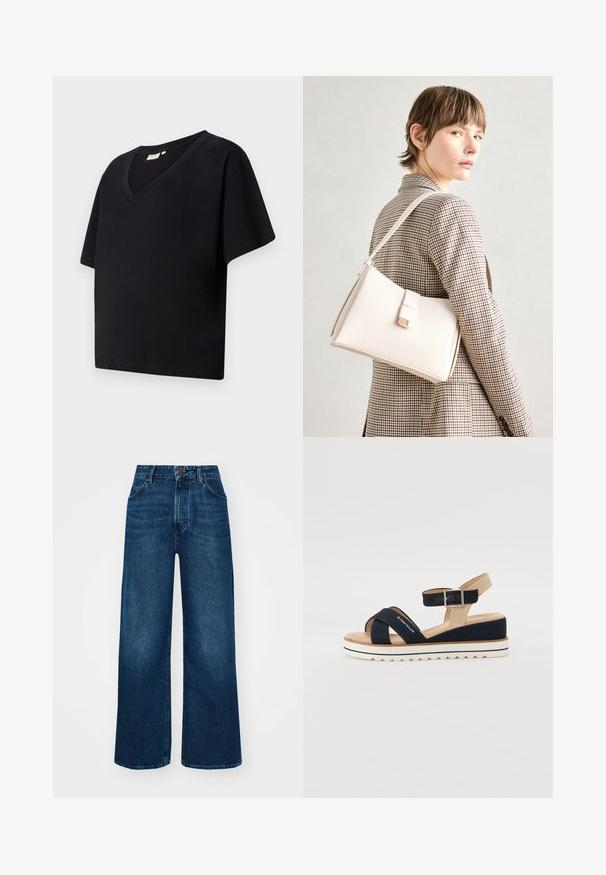 Črna bombažna majica s V-izrezom, kratkimi rokavi in ohlapnim krojem. Ima majhen logotip blagovne znamke blizu roba.; Hlače z visokim pasom in širokimi nogavicami iz temno modrega denima z gladko teksturo, kontrastnim šivanjem in zasnovo s petimi žepi. Sprednje zapiranje na gumb.; Mornarsko modre sandale z dvema tekstilnima trakovama, nastavljivim gležnjarjem in teksturiranim bež zadnjem delu. Debel, bel, valovit podplat. Blagovna znamka je natisnjena na traku.; Bela usnjena torba s strukturirano zasnovo, opremljena z magnetnim zapiranjem in naramnico, prikazana na nevtralni ozadju.