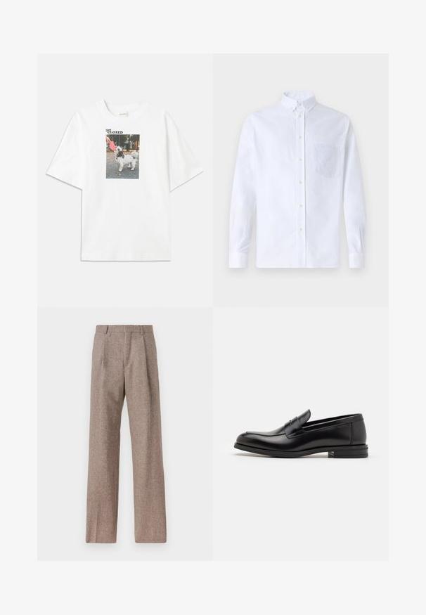 Weißes Baumwoll-T-Shirt mit einem rechteckigen Fotoaufdruck eines Hundes mit einem rosa Frisbee. Der Text über dem Bild lautet "Bleib GESCHLOSSEN."; Weißes Langarm-Hemd mit Knöpfen aus Baumwolle, ausgestattet mit einer Brusttasche mit tonalem Stickerei, einem Kragen und Knopfmanschetten.; Braune, hochtaillierte Hose aus strukturiertem Stoff. Mit weitem Bein und zwei vorderen Bügelfalten für zusätzliche Form. Saubere Verarbeitung ohne sichtbare Hardware.; Schwarze Lederloafers mit glatter Textur, rundem Zehenbereich und einem dekorativen Riemen über dem Vorderfuß. Niedriger, gestapelter Absatz, minimalistisches Design.