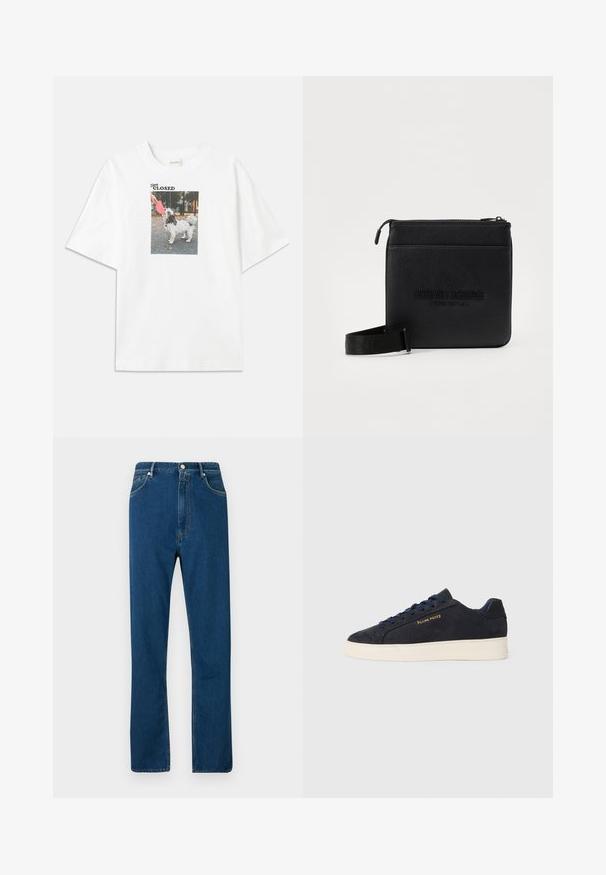 Valkoinen puuvillateepaita, jossa on suorakulmainen valokuvatuloste koirasta, joka pitää pinkkiä frisbeetä. Kuvan yllä on teksti "Pysy KIINNI."; Siniset farkut, joissa on korkea vyötärö, suorahihaisesta muotoilusta, viisi taskua ja vakiovärinen oranssi ommel. Sileä rakenne.; Navy sinivuori matalavartiset tennarit valkoisella pohjalla, laivastonsiniset nauhat ja "Filling Pieces" -logo kullassa sivussa.; Mustan nahkainen olkalaukku vetoketjulla, tekstuuripinnalla, kohokuvioidulla logolla ja irrotettavalla hihnalla monipuolista kantamista varten.