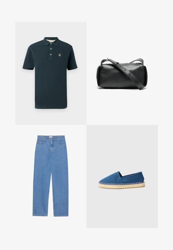 Tmavomodrá polo košeľa vyrobená z bavlny, s klasickým golierom, trojitou gombíkovou légou a malým vyšitým logom na hrudi.; Svetlomodré denimové nohavice s rovnými nohavicami, dizajnom s piatimi vreckami, zapínaním na jeden gombík a jemnými švovými detailmi.; Modré plátenné espadrily so zatvorenou špičkou, juta podrážkou a prešitým lemom. Hladký textilný povrch a nízky profil.; Čierna kožená kabelka na kríž s cylindrickým tvarom, so zipsovým uzáverom a nastaviteľným remienkom. Hladká textúra s minimalistickými dizajnovými detailmi.