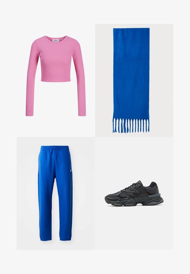Top cropped de manga longa em tecido canelado rosa claro. Apresenta um decote redondo e um design justo com uma textura suave.; Calças de fato de treino azuis feitas de um tecido suave, com uma cintura elástica com cordão, pernas ajustadas e um pequeno detalhe de logotipo na lateral.; Sapato de corrida preto com uma combinação de malha e materiais sintéticos, sola robusta, design curvado e uma marca de destaque na lateral.; Cachecol azul com franjas, feito de tecido macio; apresenta uma cor sólida com uma superfície texturizada e franjas cortadas de forma uniforme na parte inferior.