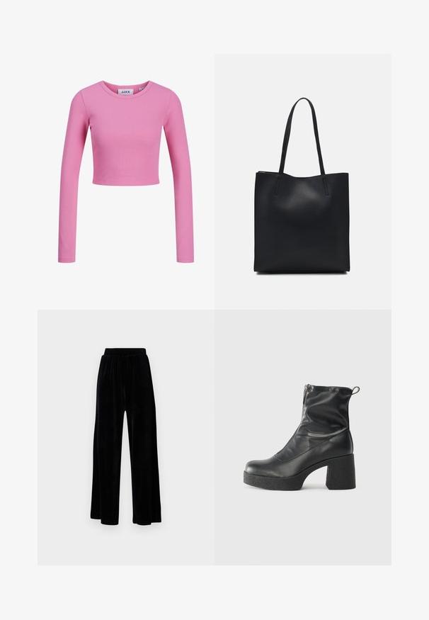 Long-sleeve, cropped top in light pink ribbed fabric. Features a round neckline and a fitted design with a smooth texture.; Black wide-leg trousers made of soft velvet, featuring an elastic waistband and a smooth texture, with no visible detailing or patterns.; Black ankle boots made of smooth leather, featuring a side zipper, chunky textured heel, and rounded toe design.; Black leather tote bag with smooth texture, rectangular shape, and two long handles. No visible hardware or embellishments.