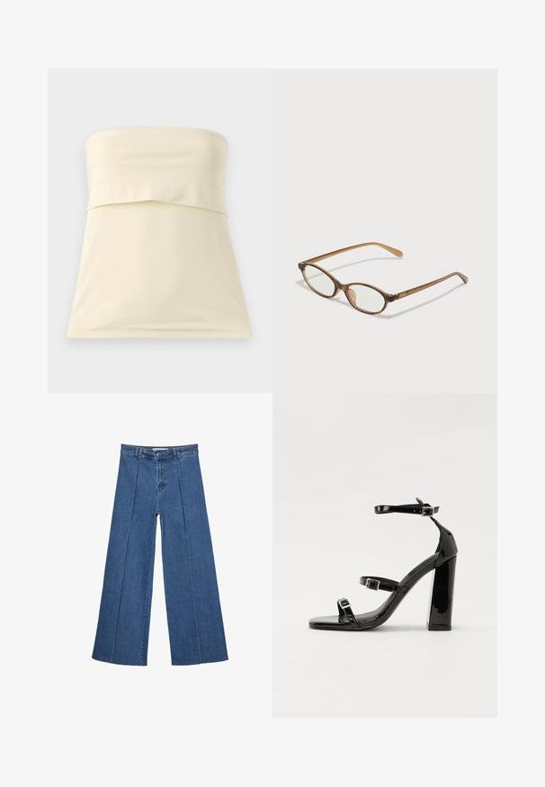 Kremowy top bez ramiączek wykonany z gładkiego, elastycznego materiału. Posiada złożony fason w okolicy biustu i prosty dół. Prosty i minimalistyczny styl.; Jeans typu wide-leg w średnim niebieskim kolorze, z wysokim stanem, zapięciem na guziki oraz kontrastowymi szwami pionowymi z przodu.; Czarne lakierowane sandały na obcasie z kwadratowym noskiem, z paskami wokół kostki i srebrnymi klamrami. Posiadają masywny słupek dla stabilności.; Brązowe okulary w motyle z owalnymi soczewkami, cienkimi ramionami i przezroczystymi akcentami. Posiadają subtelne logo na zauszniku. Smukły, lekki design.