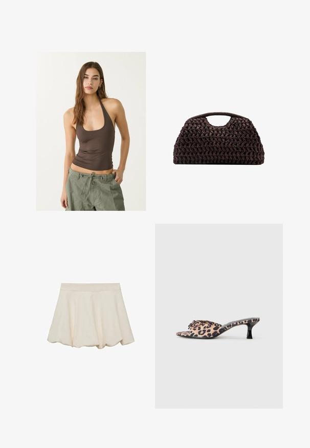 Brown sleeveless top with a scoop neckline and ruched texture, paired with olive green drawstring cargo pants.; Cream-colored skirt with a soft, smooth texture, flared design, and a scalloped hem. Features a wide, elastic waistband for comfort.; Leopard-print mules with a low, black stiletto heel. Soft fabric upper featuring a knot detail at the front and a smooth, flat sole.; Woven brown handbag with a rounded silhouette, featuring a top handle and textured surface. Compact design with a flat base for stability.