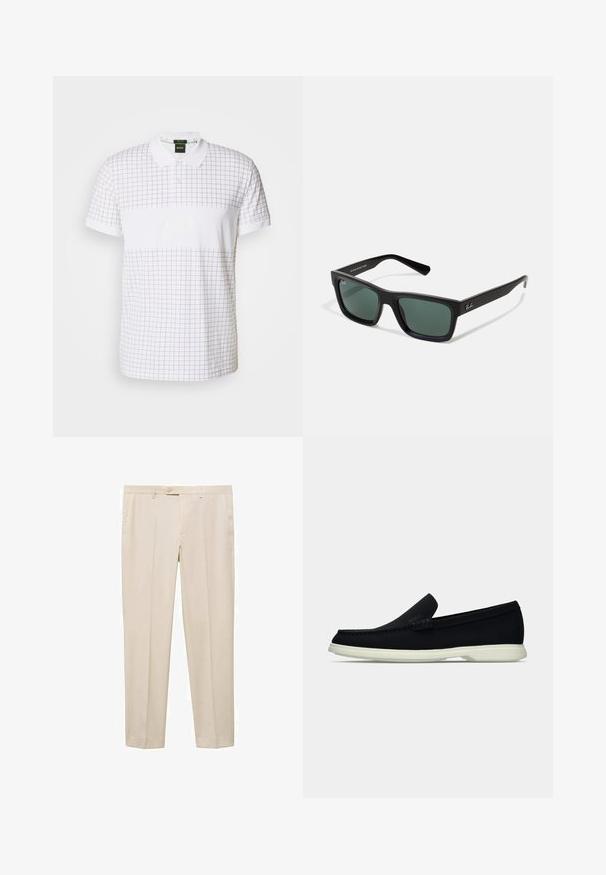 Biely polo tričko s mriežkovaným vzorom v tmavo šedej farbe, s kontrastným golierom a manžetami, logom v strede a krátkymi rukávmi.; Béžové nohavice na mieru so rovnými nohavicami, s jedným gombíkom na zapínanie v páse, dvoma bočnými vreckami a plochým predným dizajnom.; Čierne nazúvacie topánky s okrúhlou špičkou, s textúrovaným zvrškom, hladkou bielou podrážkou a jemným brandingom po boku.; Čierne obdĺžnikové slnečné okuliare so zelenými sklami, matným povrchom, rovnými ramenami a logom Ray-Ban na boku.