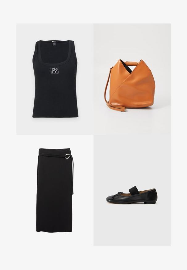 Sort ribbet tanktop med firkantet udskæring og et hvidt broderet logo på fronten. Fremstillet af et strækbart materiale.; Sort midiskirt lavet af glat stof. Har et minimalistisk design, et bælte med en metalring og en høj talje.; Sorte læder ballet flats med en rund tå, en lille knude detalje og et elastisk bånd over vristen for en sikker pasform. Flad sål.; Tan læder taske med unikt trekantet foldedesign, top hanke og aftagelig skulderrem på hvid baggrund.