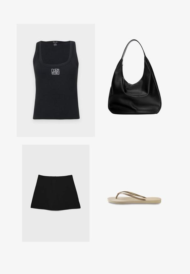 Sort ribbet tanktop med firkantet udskæring og et hvidt broderet logo på fronten. Fremstillet af et strækbart materiale.; Sort mini nederdel med en glat tekstur, A-linjeform og buet nederkant. Har en lynlås bagpå til lukning, uden yderligere mønstre eller accenter.; Lys beige flip-flop med tekstureret fodseng, flad sål og tynde, blanke stropper. Har subtil branding på stroppen.; Sort læder hobo taske med et afslappet design, bred skulderrem og glat tekstur. Har en enkelt lynlåslukning på siden.