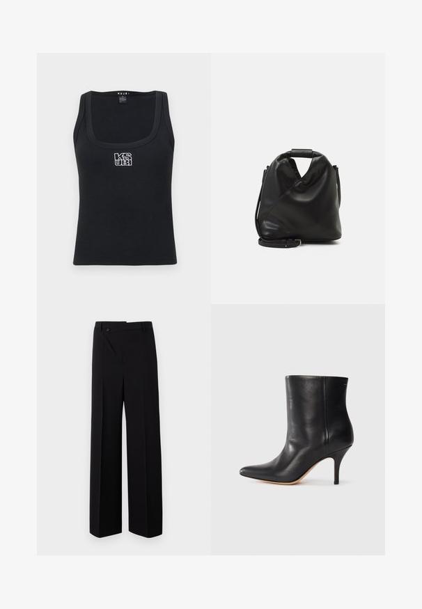 Black ribbed tank top featuring a square neckline and a white embroidered logo on the front. Made from a stretchy material.; Black wide-leg trousers with a flat front, button closure, and smooth fabric texture. Features a straight cut and crisp lines.; Black leather ankle boot with pointed toe, slim stiletto heel, and smooth texture. Minimalist design with no visible hardware or accents.; Black, soft leather bag with a unique twisted design. Features a short handle and a detachable shoulder strap. Minimalist style.
