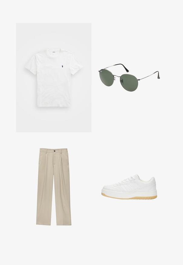 Bílý bavlněný tričko s kulatým výstřihem, krátkými rukávy a malým námořnickým logem na levém prsou. Hladká textura, neformální design.; Béžové kalhoty klasického střihu, se jedním černým knoflíkem, poutky na opasek a bočními kapsami. Hladká textilie a minimalistický design.; Bílé kožené tenisky s texturovaným povrchem, vybavené gumovou podrážkou, šněrovacím designem a jemnými proužkovými akcenty po stranách.; Sluneční brýle s kovovým rámem a oválnými zelenými skly. Tenký stříbrný kovový rám a černé chrániče uší. Minimalistický design, žádné viditelné logo.