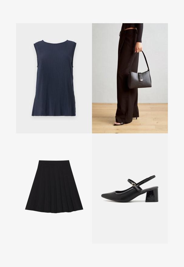 Tamno plava bezrukavna rebrasta majica s okruglim izrezom i bočnim prorezima, izrađena od mekanog materijala za udobnost i lakoću pokreta.; Crna plisirana suknja izrađena od teksturiranog materijala s uskim strukom. Pada do koljena, a ima glatku, čistu siluetu.; Crne lakirane slingback visoke potpetice s šiljastim vrhom, zaobljenim izrezom i blok potpeticom. Sadrži akcent zlatnog tona s kopčom.; Crna torba s oblikom koji sadrži strukturu, glađu teksturu i metalnu kopču. Uparena s širokim crnim hlačama i sandalama na otvorenom s drvenog poda.