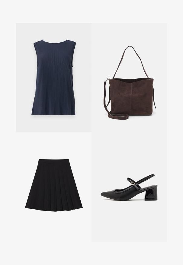 Mørkeblå ermeløs topp med ribbestrikk og rund hals, med sidesplitter, laget av et mykt stoff for komfort og bevegelsesfrihet.; Svart plisserte skjørt laget av teksturert stoff med en tettsittende linning. Går til knelengde, med en glatt, ren silhuett.; Sorte lakk lær slingback hæler med spiss tå, et avrundet utskjæringsdesign og blokkheel. Har en gulltone spenne som detalj.; Brun semsket stoff tote-veske med en myk tekstur, som har en enkelt skulderrem og en subtil buet toppåpning. Ingen synlige maskindetaljer.
