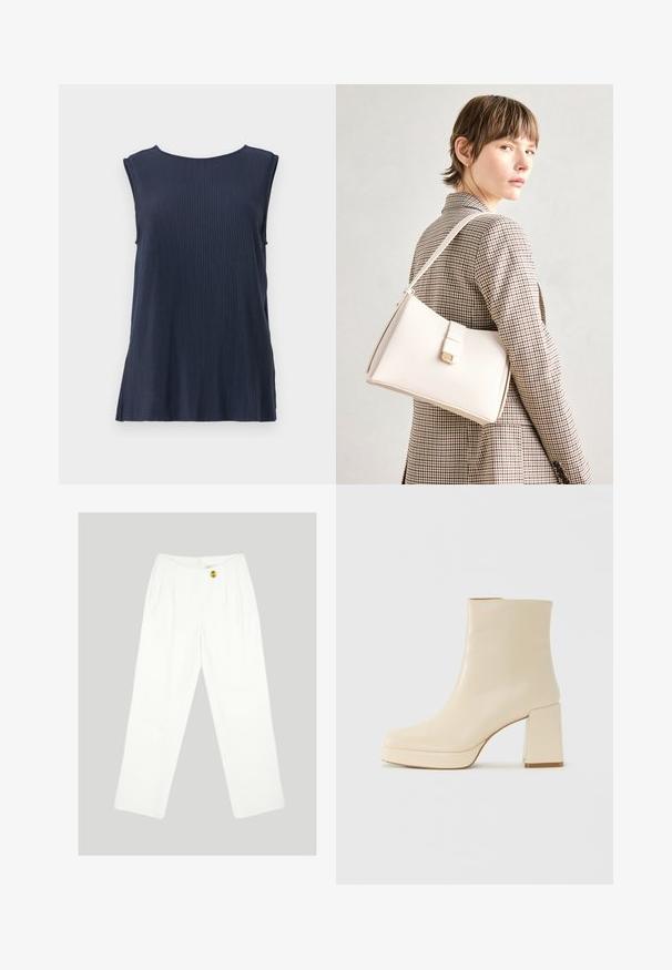 Mörkblå ärmlös ribbad topp med rund halsringning och sidoklipp, tillverkad av ett mjukt tyg för komfort och rörelsefrihet.; Vita, vida byxor i bred modell tillverkade av slät tyg. Har en enda gul knappstängning och plisserad frontdesign. Inga synliga fickor.; Beige läder ankle boot med klack och plattformssula, slät yta och lätt fyrkantig tå som vänder vänster på vit bakgrund.; Vit läderhandväska med en strukturerad design, med en magnetknäppning och en axelrem, visad mot en neutral bakgrund.