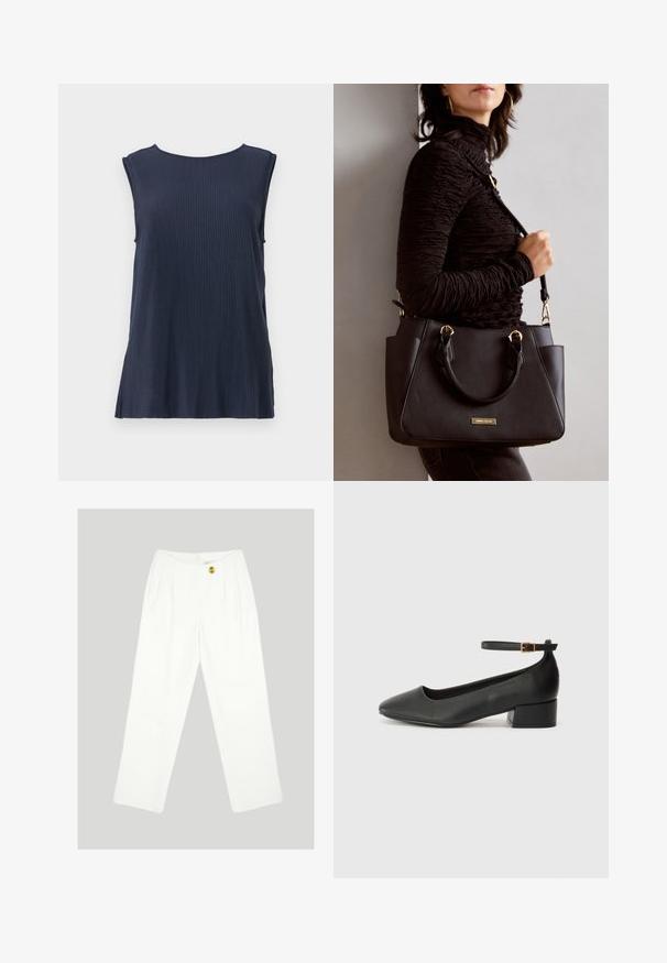 Navy blue sleeveless ribbed top with a round neckline and side slits, made from a soft fabric for comfort and ease of movement.; White, wide-leg trousers made of smooth fabric. Features a single yellow button closure and pleated front design. No visible pockets.; Black leather pump with a pointed toe and a low block heel. Features an ankle strap with a gold-tone buckle. Smooth texture.; Black handbag with textured surface, dual top handles, and adjustable shoulder strap. Features gold-tone hardware and side pockets.