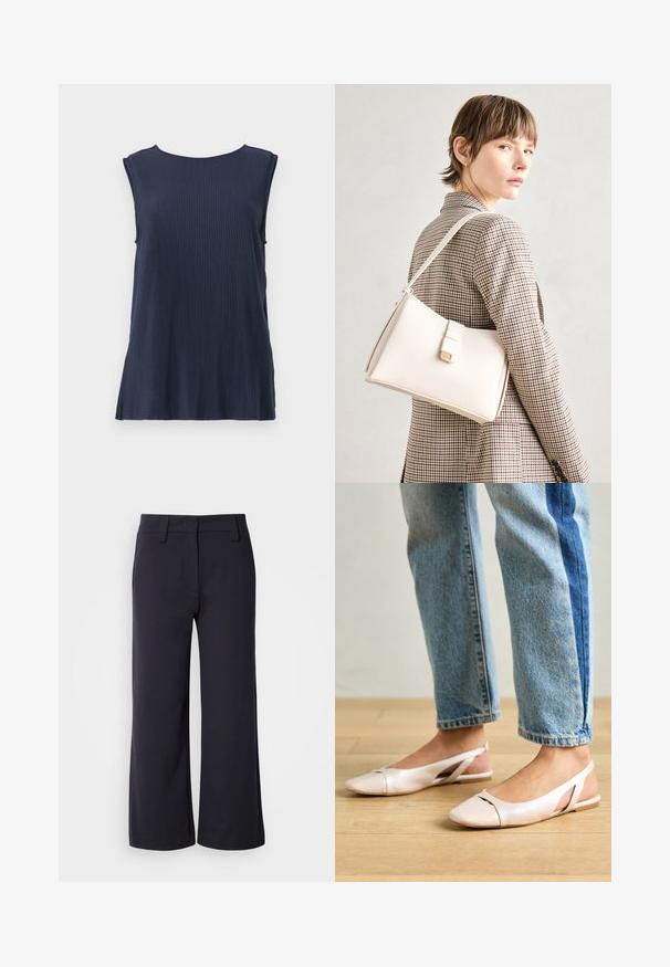 Tamno plava bezrukavna rebrasta majica s okruglim izrezom i bočnim prorezima, izrađena od mekanog materijala za udobnost i lakoću pokreta.; Hlače širokih nogavica od tamnoplave tkanine. Imaju ravni prednji dio, petlje za remen i bočne džepove. Materijal je gladak s laganim rastezljivim svojstvom.; Svijetlo ružičaste slingback balerinke s šiljastim vrhom, izrađene od glatkog materijala nalik koži. Sadrže izrezane detalje sa strane i ravnu petu.; Bijela kožna torba s čvrstim dizajnom, s magnetskim kopčanjem i remenom za rame, prikazana na neutralnoj pozadini.