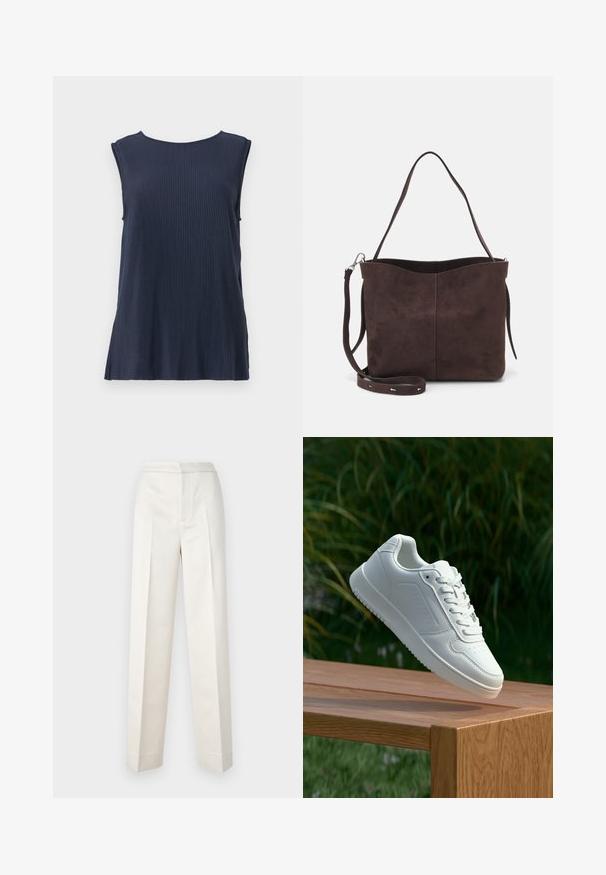 Navy blue sleeveless ribbed top with a round neckline and side slits, made from a soft fabric for comfort and ease of movement.; Cream-colored trousers with a tailored fit, featuring a straight leg, smooth fabric, front pleats, and clean hem. Minimalist design.; White sneaker with a smooth synthetic upper, perforated toe box, flat laces, and a textured sole, displayed on a wooden surface.; Brown suede tote bag with a soft texture, featuring a single shoulder strap and a subtle curved top opening. No visible hardware details.