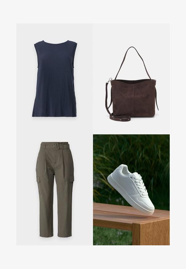 Navy blue sleeveless ribbed top with a round neckline and side slits, made from a soft fabric for comfort and ease of movement.; Cargo pants in olive green, made of lightweight fabric. Features include a belted waist, front pleats, and side pockets with flap closures.; White sneaker with a smooth synthetic upper, perforated toe box, flat laces, and a textured sole, displayed on a wooden surface.; Brown suede tote bag with a soft texture, featuring a single shoulder strap and a subtle curved top opening. No visible hardware details.