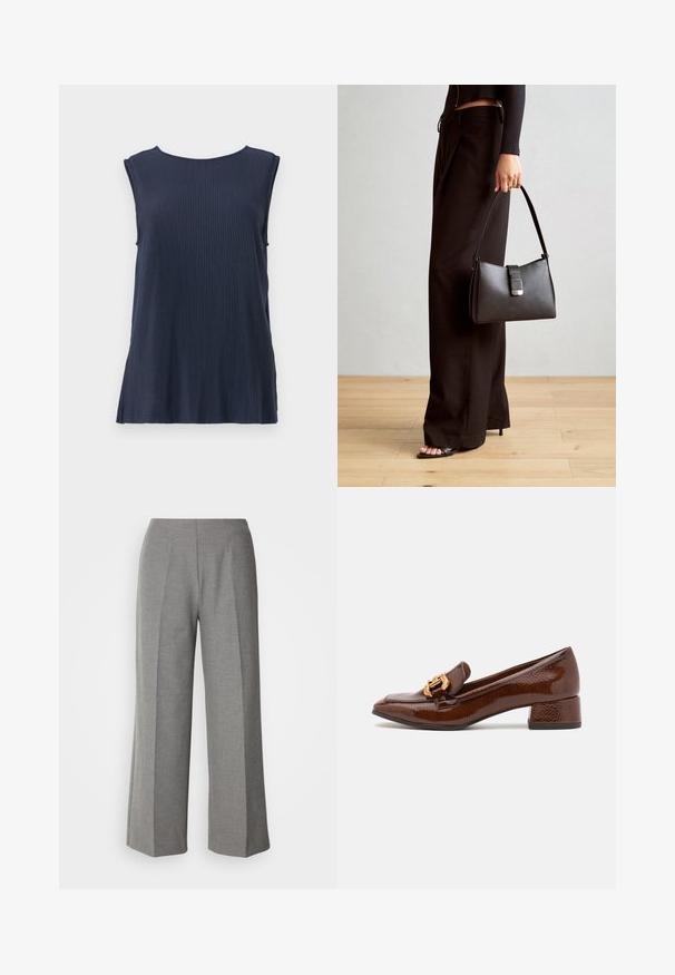 Top senza maniche di un blu navy, con scollo rotondo e spacchi laterali, realizzato in un tessuto morbido per comfort e facilità nei movimenti.; Pantaloni grigi a gamba larga e taglio sartoriale con una texture liscia, dotati di una parte anteriore piatta e pieghe ben definite su ciascuna gamba.; Mocassini in pelle marrone con finitura lucida, caratterizzati da una fibbia dorata decorativa sulla parte anteriore e un tacco basso a blocco. Design classico.; Borsa nera con forma strutturata, texture liscia e una chiusura metallica. Abbinata a pantaloni neri larghi e sandali open-toe su un pavimento in legno.