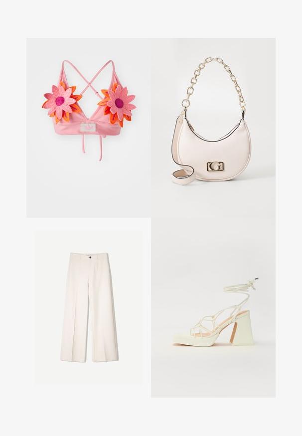 Rózsaszín bordázott bralette, keresztbe fonott pántokkal. Két nagy, rózsaszín és narancssárga horgolt virággal és egy középső logózott folttal rendelkezik.; Tejbézs széles lábú nadrág, szabott kialakítással, két elülső zsebbel és egyetlen elülső gombos záródással, sima anyagból készült.; Fehér, magassarkú szandál vastag sarokkal, pántos dizájnnal és bokapánttal. Sima textúra, elülső platformmal a megnövelt magasság érdekében.; Rózsaszín, textúrált bőr kézitáska arany lánc pánttal, kerek formájú, az elején arany logó kiegészítővel. További vállpánttal rendelkezik.
