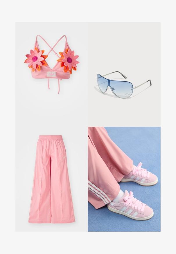 Bralet din material îngustat roz, cu bretele crisscross. Prezintă două flori mari croșetate, în roz și portocaliu, și o etichetă centrală cu brandul.; Pantaloni roz cu picioare largi, confecționați dintr-un material ușor, având o talie elastică și dungi albe subtiri pe lateral. Logo mic pe față.; Pantofi sport roz cu dungi albastre deschise, vârf rotund și șireturi groase roz, asortați cu pantaloni de trening roz, având dungi albe pe lateral.; Ochelari de soare aviator cu lentilă gradient albastră, ramă metalică argintie și accente decorative sub formă de stele pe lentilă. Design neted și elegant.