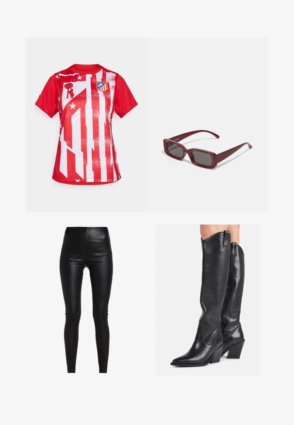 Röd kortärmad tröja med en vit randig design som har stjärnor och en klubblogo på vänster bröst, tillverkad av lättviktsmaterial.; Svarta faux läder leggings med hög midja, figurnära design, slät textur och utan synliga sömmar eller utsmyckningar.; Knähöga svarta läderstövlar med spetsig tå, texturerad yta och klumpig klack. Har sidoflikar för dragning och subtila sömnadssömmar.; Burgunderfärgade rektangulära solglasögon med mörka linser, tjocka bågar och avsmalnande skalmar. Tillverkade av en glänsande plast med en smidig textur.; Svart läderhandväska med en böjd design, hårdvara i guldton, och ett handtag ovanpå. Har en snygg stängning och en mjuk yta.