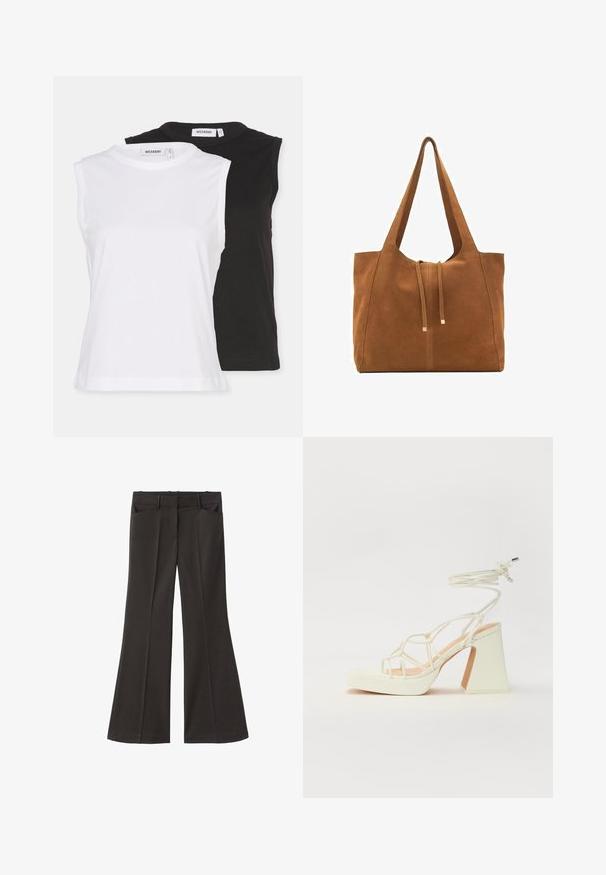 Weekday FITTED TANK 2 PACK - Top - white/black; Sorte flagrende bukser med høj talje; har to forlommer og en glat stofstruktur. Egnet til forskellige anledninger.; Hvide højhælede sandaler med en kraftig hæl, der har et stropdesign og ankelbinding. Glat tekstur med en platform foran for ekstra højde.; Brun ruskinds-tote med to lange stropper, snørelukning og minimalistisk design. Glat tekstur og ingen synlige hardware-detaljer.