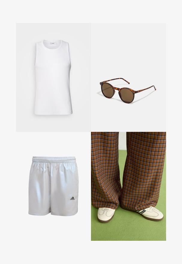 White sleeveless top made of smooth fabric, featuring a round neckline and a fitted silhouette, suitable for layering or standalone wear.; adidas Originals SUPERNOVA - Shorts - halo silver; Brown and blue plaid wide-leg trousers paired with white shoes featuring black accents and textured soles, set against a green background.; Round sunglasses with tortoiseshell frame and brown lenses. Features thin temples with slight texture and metal accents near the lenses.