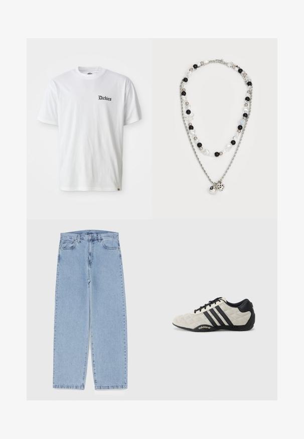Valkoinen puuvillainen T-paita lyhyillä hihoilla ja pyöreällä kaula-aukolla. Vasemmassa rintakurvissa musta "Dickies"-logo.; Vaaleansiniset farkut suoran lahkeen muotoilulla, joissa on puolivälin vyötärö, viisi taskua sekä nappi- ja vetoketjusuljenta.; Adidaksin urheilusandaalit, joissa on teksturoitu, vaaleanharmaa yläosa ja mustat nahkakoristukset. Varustettu mustalla kolmonauhalogoilla ja pehmeällä pohjalla.; Kaksi kerrosta sisältävä kaulakoru, jossa on hopeaketju, sekoitettuja helmiä mustassa, valkoisessa ja kermassa, sekä koristeellisia riipuksia, jotka muistuttavat noppia ja palloa.