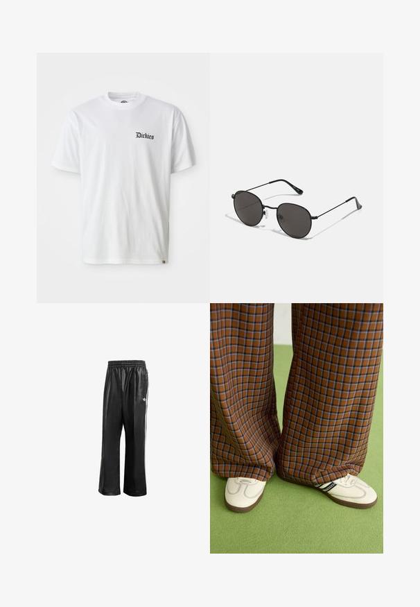 Λευκό T-shirt από βαμβάκι με κοντά μανίκια και στρογγυλή λαιμόκοψη. Διαθέτει εκτυπωμένο το μαύρο λογότυπο "Dickies" στην αριστερή περιοχή του στήθους.; Μαύρα συνθετικά παντελόνια προπόνησης με ελαστική μέση, με λευκές λωρίδες στο πλάι και ένα μικρό λευκό λογότυπο στην αριστερή γοφό.; Καφέ και μπλε καρό παντελόνια με φαρδιά πόδια, σε συνδυασμό με λευκά παπούτσια που έχουν μαύρες λεπτομέρειες και υφασμάτινες σόλες, τοποθετημένα σε πράσινο φόντο.; Στρογγυλά γυαλιά ηλίου με λεπτό μαύρο μεταλλικό σκελετό, σκοτεινούς φακούς και ρυθμιζόμενα μαξιλαράκια μύτης. Οι βραχίονες διαθέτουν μια διακριτική λεπτομέρεια της μάρκας.