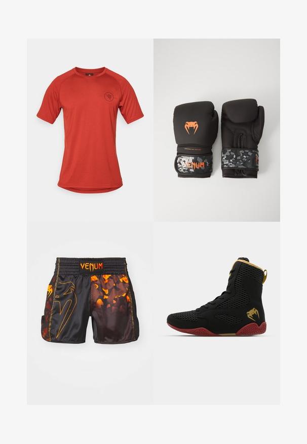 T-shirt de sport rouge à manches courtes avec un col rond, fabriqué dans un tissu texturé. Présente un petit logo au niveau de la poitrine.; Shorts Venum noirs et oranges avec une finition brillante, des motifs camo contrastants et une taille élastique avec un détail logo.; Baskets montantes en mesh noir et matériau synthétique, avec des accents texturés, une semelle en caoutchouc rouge et des détails dorés sur la cheville.; Gants de boxe noirs avec une finition mate et un design ergonomique. Détails de logo orange et bandes de poignet à motif camouflage.