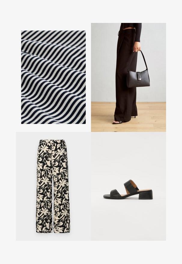 Katoenen stof met golvende marineblauwe en witte strepen. De textuur is glad met een lichte rek, wat een dynamisch visueel patroon creëert.; Zwarte wijde broek met een crèmekleurig bloemenpatroon. Gemaakt van lichtgewicht stof, met een zachte textuur en een hoge tailleband.; Zwarte leren sandaal met twee brede banden over de voet, een vierkante neus en een lage blokhak. Glad textuur en minimaal ontwerp.; Zwarte handtas met gestructureerde vorm, gladde textuur en een metalen sluiting. Gecombineerd met brede zwarte broeken en sandalen met open teen op een houten vloer.