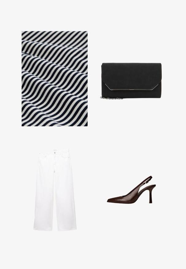 Bomuldsstof med bølgede marineblå og hvide striber. Teksturen er glat med en let strækning, hvilket skaber et dynamisk visuelt mønster.; Hvide bukser med vid ben lavet af denim med en glat overflade. Har en knap- og lynlåslukning samt to forlommer og to baglommer.; Brune læder slingback pumper med spids tå og en tynd hæl. Har en lille accentspænde på remmen og en blank finish.; Sort faux læder clutch med en metalisk sølvkant, rektangulær form, klaplukning og en aftagelig kædestrop. Glat tekstur.