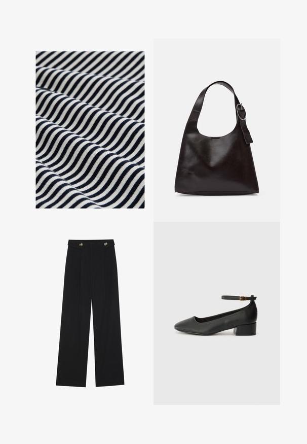 Tela de algodón con rayas onduladas en azul marino y blanco. La textura es suave con un ligero estiramiento, creando un patrón visual dinámico.; Pantalones de pierna ancha negros con cintura alta, detalles de botones en la cinturilla y pliegues en la parte delantera.; Zapato de tacón negro de cuero con punta afilada y tacón bajo cuadrado. Presenta una correa para el tobillo con una hebilla en tono dorado. Textura suave.; Bolso de hombro de cuero marrón con una textura suave, forma redondeada, asa ancha y un acento metálico circular en el mango.