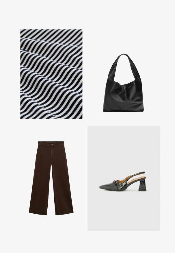 Katoenen stof met golvende marineblauwe en witte strepen. De textuur is glad met een lichte rek, wat een dynamisch visueel patroon creëert.; Bruine wijde broek in katoenmix, met een rafelige zoom, sluiting met een knoop aan de voorkant en een klassieke vijf-pocketstijl. Minimalistisch en veelzijdig.; Zwarte lakleren slingback schoen met een puntige neus, driehoekige hak en decoratieve band met zilveren accenten. Soepele textuur.; Zwarte leren tote bag met een zachte, slappe vormgeving, brede hengsels en een gladde textuur. Geen zichtbare hardware of versieringen.