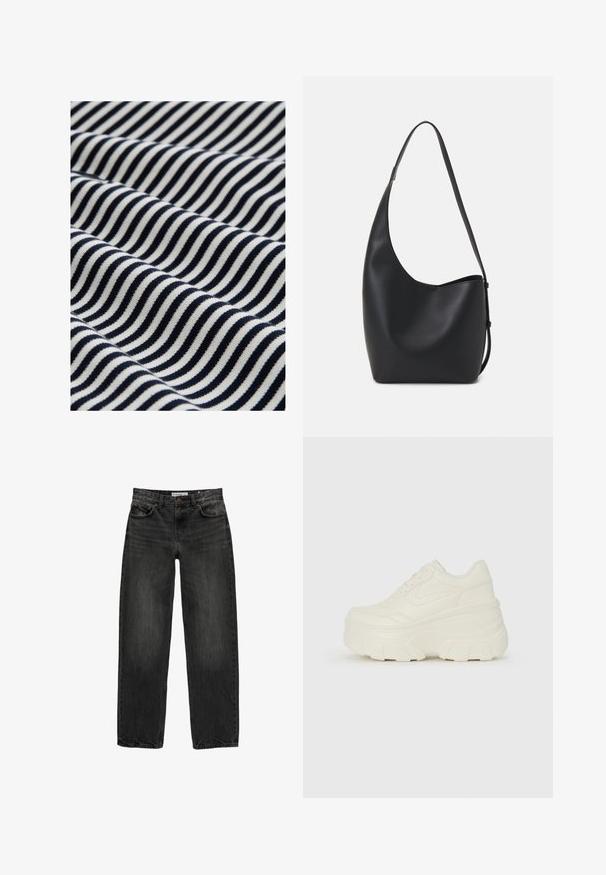 Bavlnená látka so zvlnenými námořníckymi modrými a bielymi pruhmi. Textúra je hladká s miernym natiahnutím, čo vytvára dynamický vizuálny vzor.; Čierne džíny z denimu s uvoľneným strihom, rovnými nohavicami, piatimi vreckami a mierne vyblednutou textúrou. Zapínanie na gombík a zips v prednej časti.; Biele platformové tenisky s hladkým koženkovým svrchným materiálom, zaobleným tvarom, polstrovaným golierom a textúrovanou gumovou podrážkou s výrazným vzorom.; Čierna kožená hobo taška so hladkou textúrou, zakriveným tvarom a jedným nastaviteľným popruhom; má široké otvorenie na vrchu.