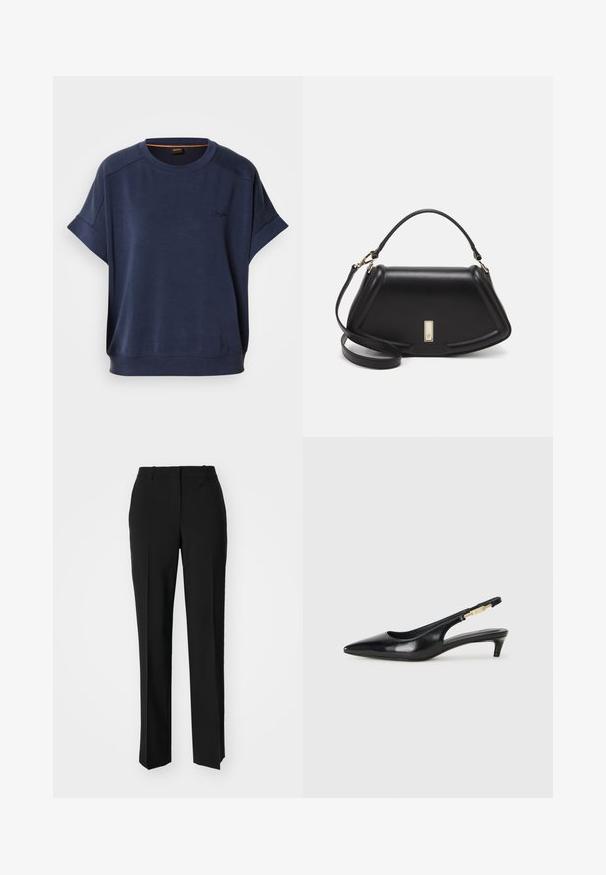 Námořnická modrá oversized mikina z měkké tkaniny, s krátkými rukávy a kulatým výstřihem. Na přední straně jemný detail loga.; Černé kalhoty na míru se střihem do rovna, které mají hladkou texturu a ostré sklady na přední straně. Bez viditelného kování.; Černé kožené boty na podpatku s otevřenou patou a špičatou špičkou, s tenkým podpatkem a zlatým akcentem na nastavitelném pásku. Hladký povrch.; Černá kožená kabelka se strukturovaným designem, jejíž tvar je zkrácený, má horní rukojeť a zlaté kovové detaily. Součástí je i nastavitelný ramenní popruh.