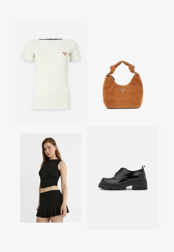 T-shirt bianca in cotone con scollo a V, maniche corte e un logo triangolare rosso sul lato sinistro del petto. Texture morbida, design aderente.; Completo nero a due pezzi composto da un top cropped senza maniche con arricciature e una mini gonna svasata, entrambi realizzati in un tessuto liscio ed elasticizzato.; Scarpe in pelle verniciata nera con una suola piattaformata chunky e lacci spessi. Punta arrotondata, dettagli minimi e un piccolo tassello sul tallone sul retro.; Borsa hobo realizzata in morbido suede color sabbia con manico annodato, caratterizzata da un logo triangolare argentato e una chiusura superiore con zip.