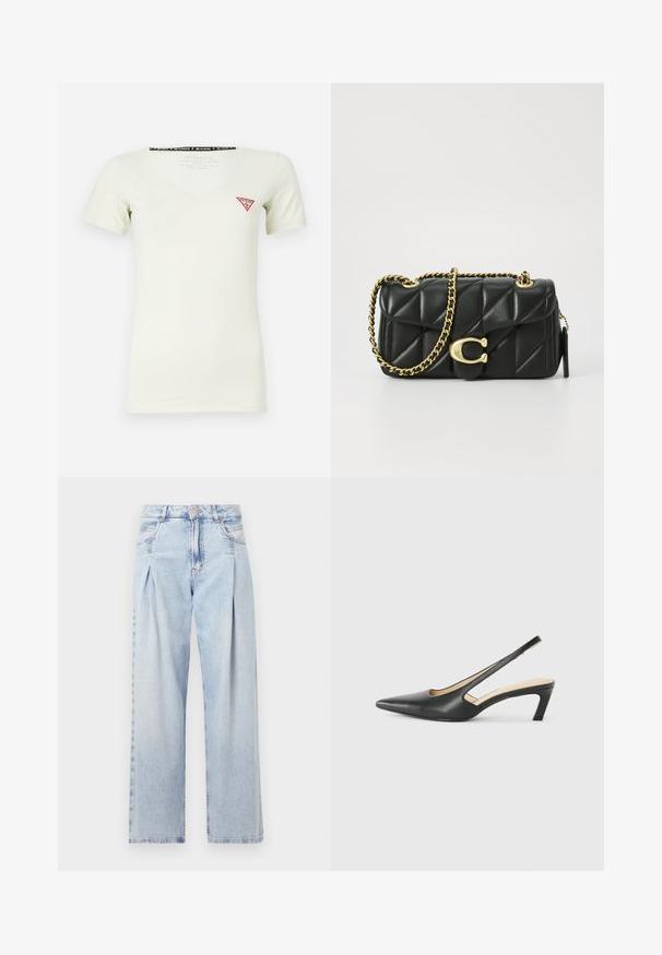 T-shirt bianca in cotone con scollo a V, maniche corte e un logo triangolare rosso sul lato sinistro del petto. Texture morbida, design aderente.; Jeans in denim azzurro chiaro con vita alta, taglio a gamba larga, due tasche laterali e design plissettato. Texture morbida con una finitura sbiadita.; Scarpa slingback nera con punta affilata e tacco basso, realizzata in pelle liscia e con un design a taglio laterale per favorire la traspirabilità.; Borsa a tracolla in pelle nera trapuntata con una catena dorata e un fermaglio a scatto con un accento circolare. Forma rettangolare compatta.