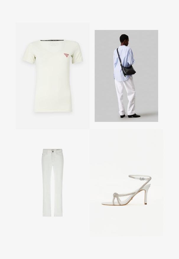 Balts kokvilnas T-krekls ar V veida kakla izgriezumu, īsām piedurknēm un sarkanu trīsstūra logo kreisajā krūtī. Mīksta tekstūra, pieguļošs dizains.; Balti džinsi ar slim fit piegriezumu, 5 kabatu dizainu un kontrastējošu šuvju. Iespēju klāstā ir pogu aizdare un smalka zīmola etiķete uz jostas.; Baltas augstpapēžu sandales ar strukturētu siksniņu, kas rotāta ar rhinestones, atvērta purngala dizains un potītes siksniņa ar regulējamu sprādzi.; Melna ādas plecu soma ar mīkstu tekstūru, trīsstūra formu un regulējamu siksnu, apvienota ar gaiši zilu svītrotu krekli un baltām biksēm.